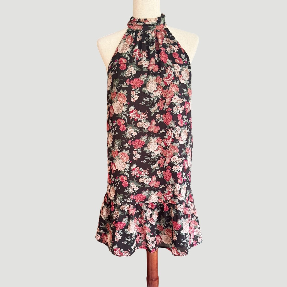 Cottagecore Express Conscious Edit Halter Floral Mini Dress Black Ruffle‎ Small